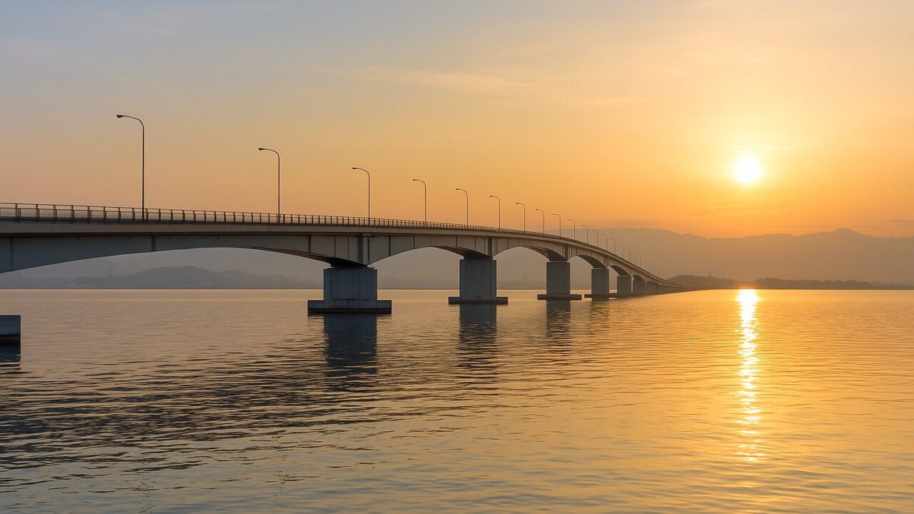 夕日に染まる琵琶湖大橋の全景