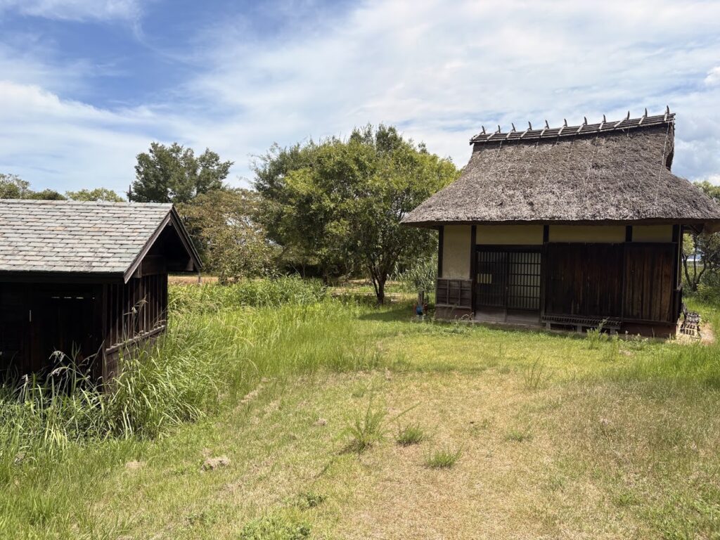 守山市みさき自然公園の暮らしの里にある茅葺きの建物と里山風景