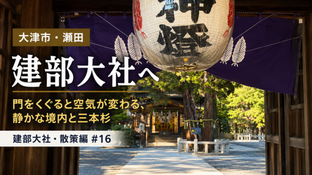 大津市瀬田の建部大社、門から望む境内と三本杉