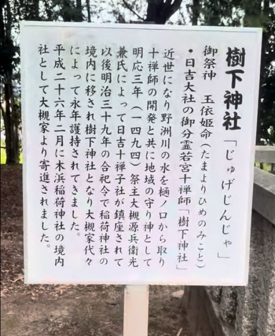 木浜稲荷神社境内に設置された樹下神社の御祭神と由緒を記した案内板